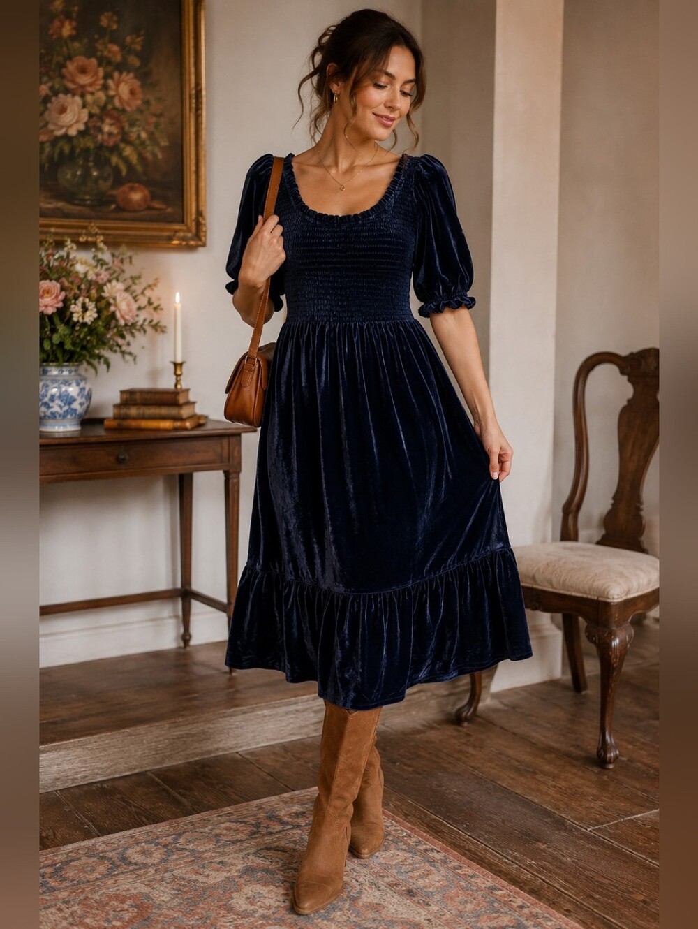 Hill House Home The Velvet Nap Dress Midnight Navy Puff Sleeve L